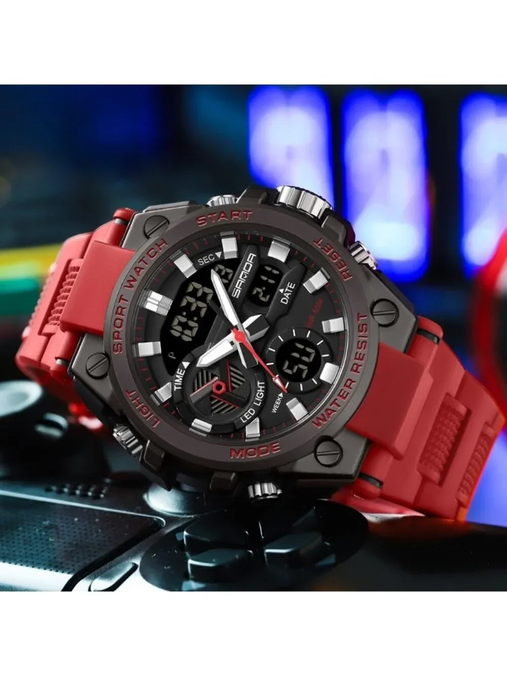 Men's Red Analog Quartz Sports Outdoor Waterproof Military LED Digital Watch